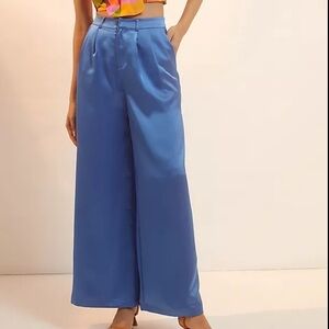 Du Paradis Anthropologie Wide-Leg Sateen Pants Blue Size XL